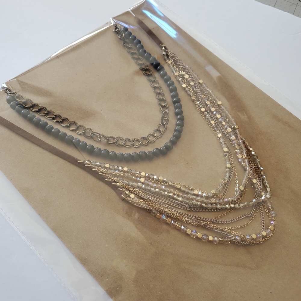 Bundle of 2 Necklaces Mixed Metal Antique Bronze Brown Gold Wood Textured Chain